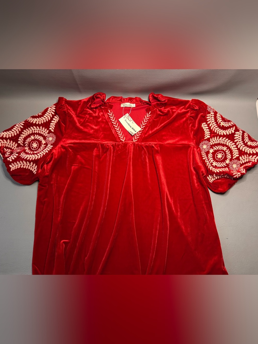 Southern Stitch Red Velvet Embroidered Blouse Top 3XL Plus Party